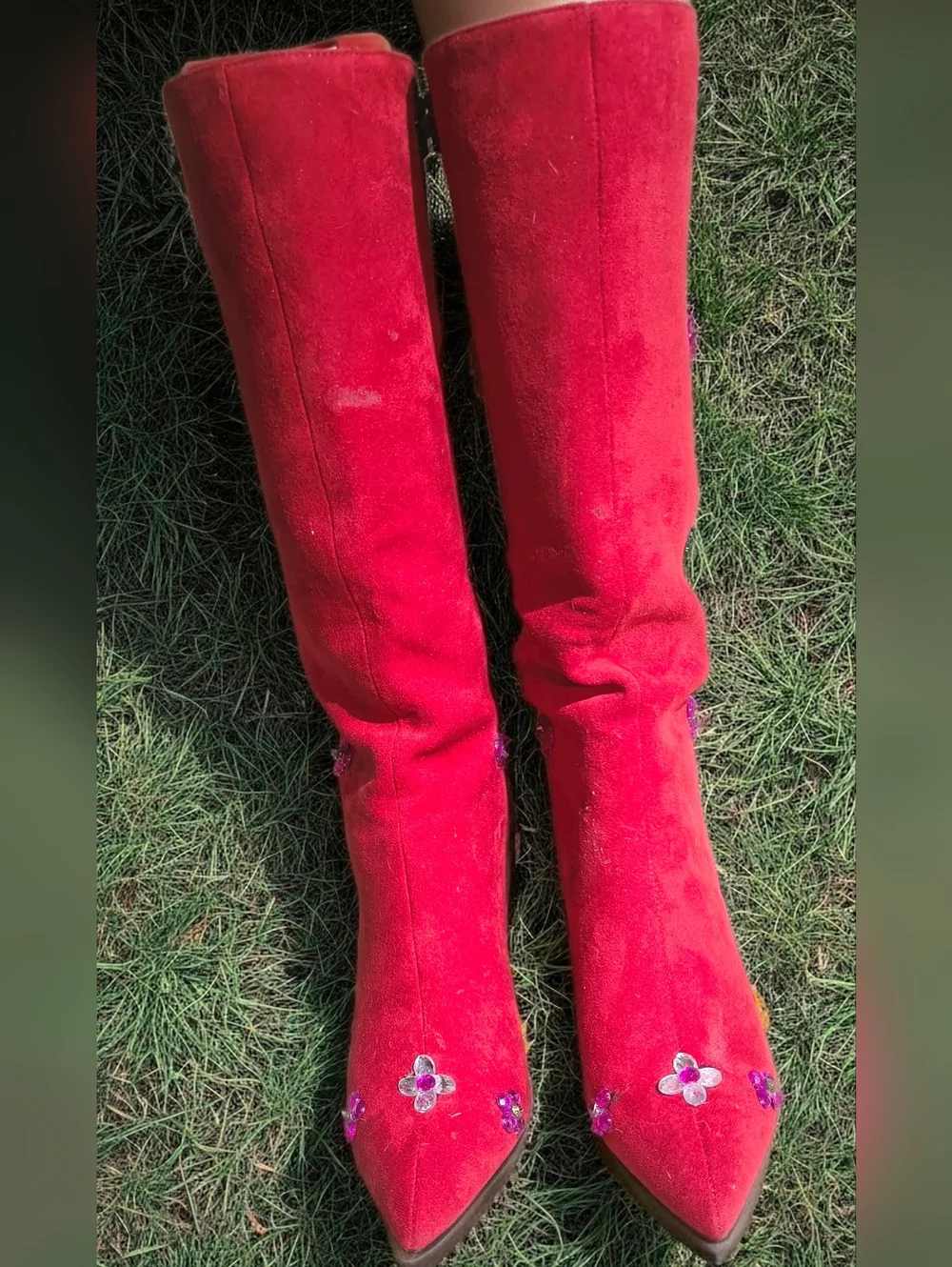 NWT Women’s Red Faux Suede Knee Stiletto Boots 6.5M, Embellished With Gems